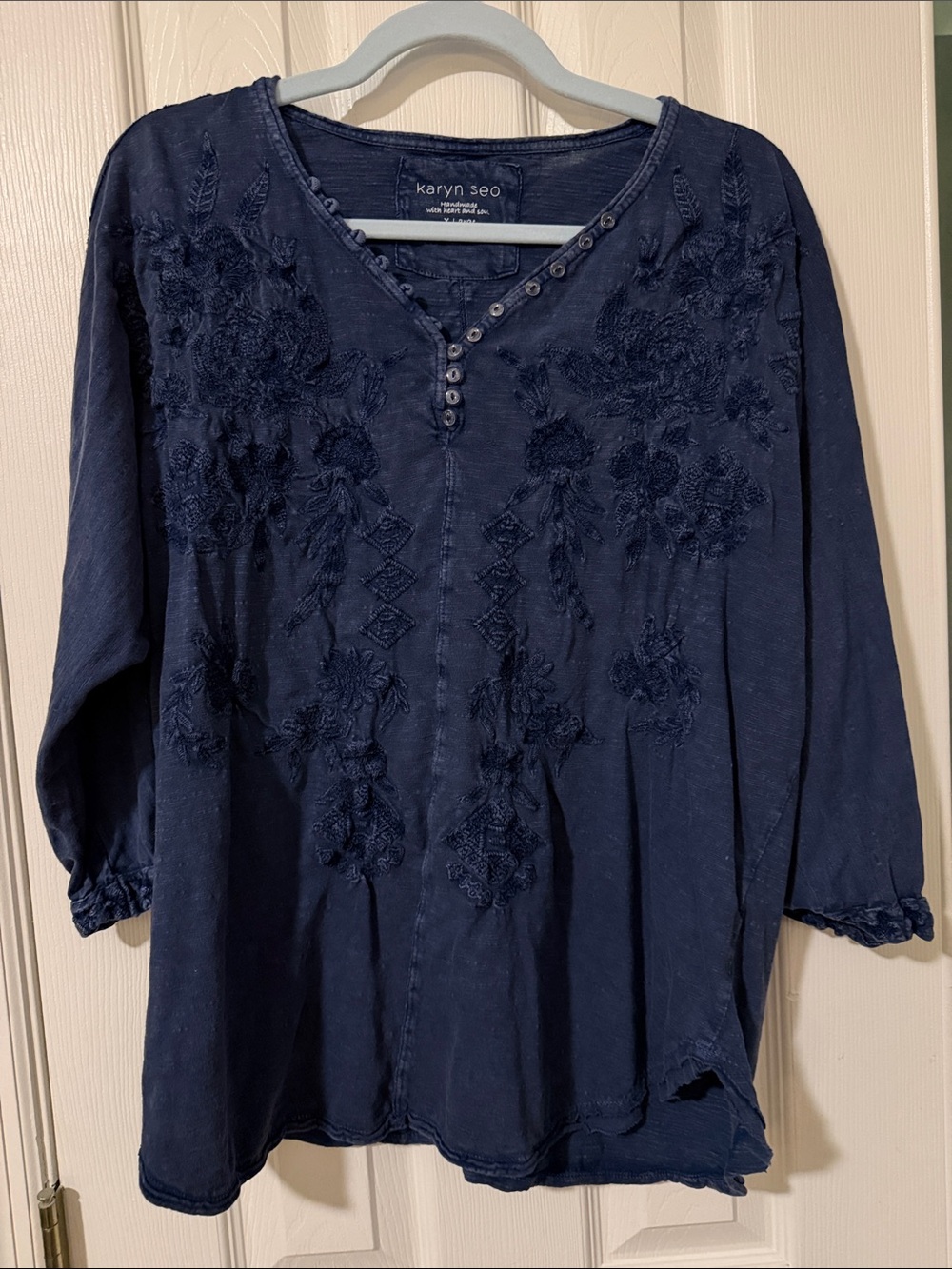 Karyn Seo Navy Embroidered Button-Front Tunic Top
